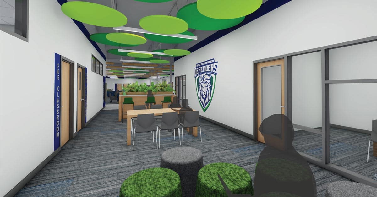 Rendering: A hallway at Impact Christian Academy High school  in Dane County WI